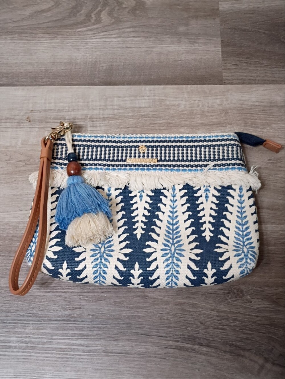 Spartina 449 Classic Boho Blue White Linen‎ Leather Geometric Clutch Wristlet